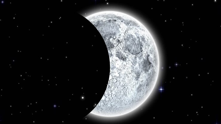 Animação de lua movendo-se sobre estrelas em fundo preto