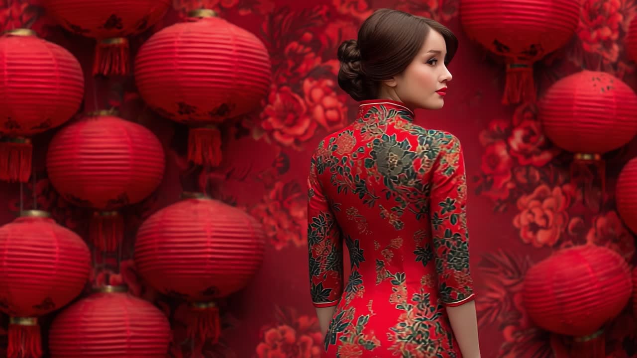 Una donna elegante in abito tradizionale si erge sullo sfondo di lanterne rosse vivaci e motivi floreali, incarnando la bellezza culturale e lo spirito festivo.
