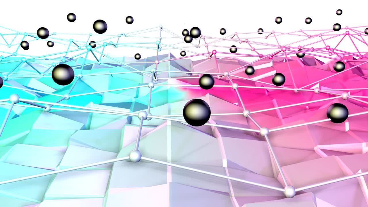 baja superficie polimétrica 3d con cuadrícula o malla voladora y esferas negras como fondo encantador. suave fondo polimétrico bajo de polígonos rojos azul puros. fondo de bucle sin costuras 4k fullhd