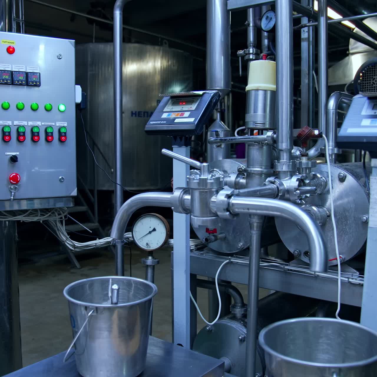 Milk plant premises with modern technological equipment. A pile of carton boxes prepared for the dairy products packaging