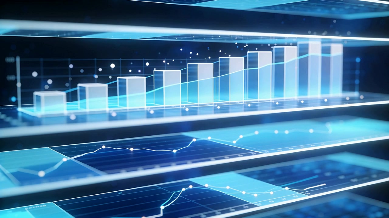 Starting playback three-tier panels moving forward in virtual stage, bars rising, nodes shifting