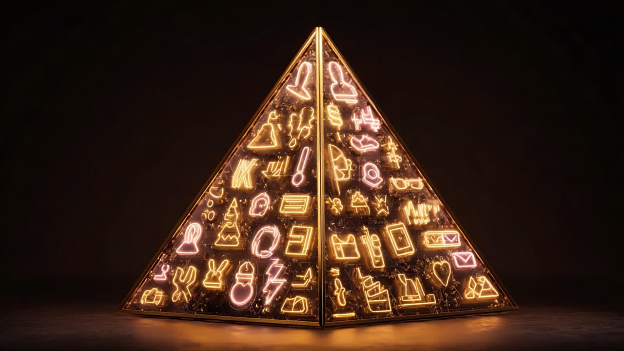 Modern interpretation of ancient hieroglyphs glowing with warm and cool neon light inside a mysterious pyramid structure, symbolizing the evolution of communication, language, and social media