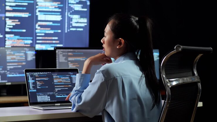 Back View Of Asian Female Programmer Thinking About Something While Writing Code By A Laptop Using Multiple Monitors Showing Database On Terminal Window Desktops In The Office