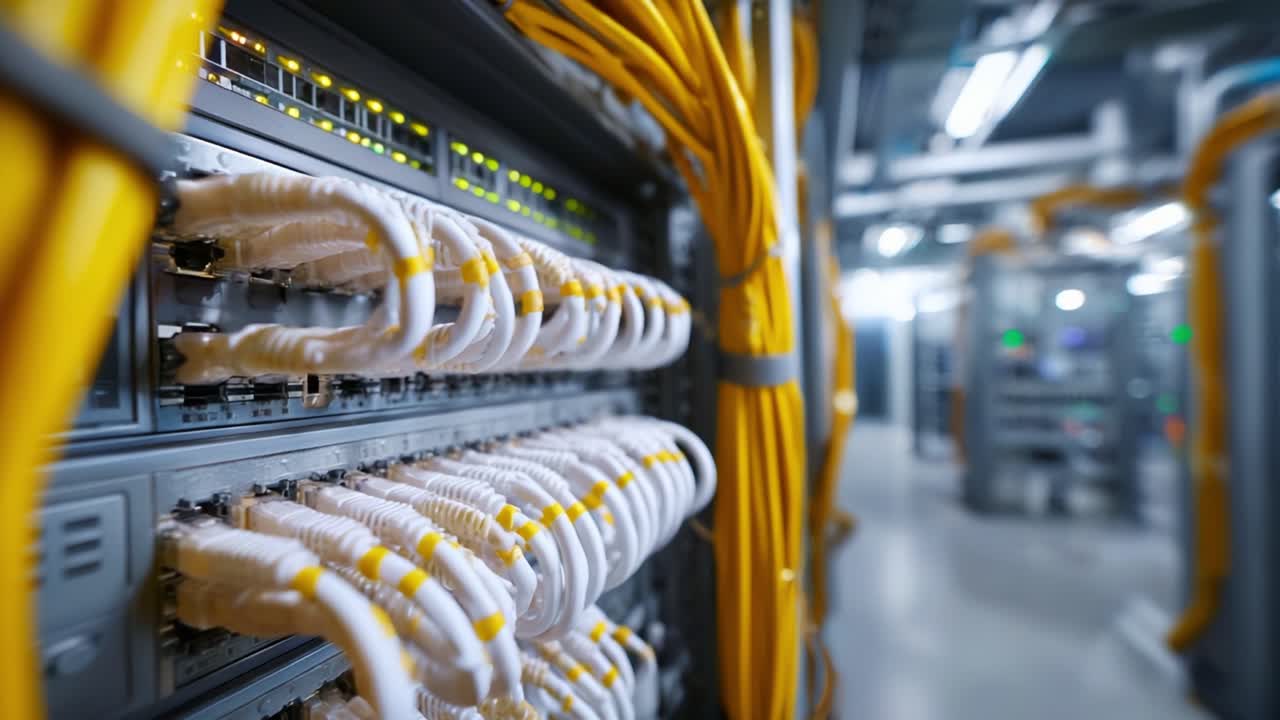 High-Definition Close-Up of Network Server Cables and Infrastructure in a Modern Data Center with Yellow Cables for Efficient Connectivity and Data Transfer