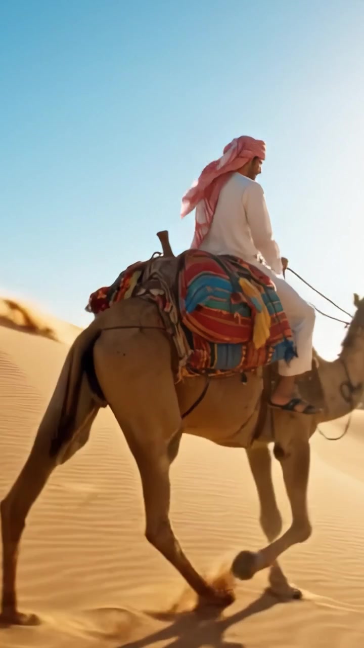Scene maestose di vita nel deserto: Un viaggio a dorso di cammello attraverso dune di sabbia dorata sotto un cielo azzurro e limpido