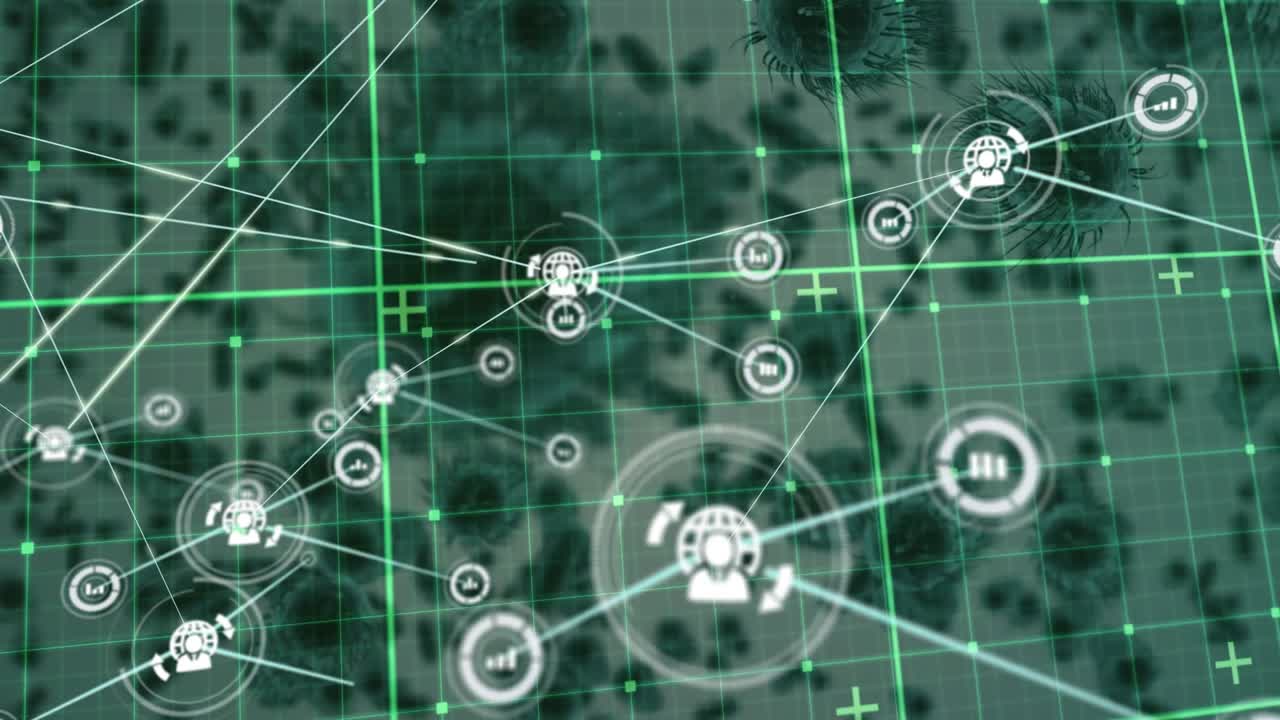 Animation of network of connections over virus cells and data processing