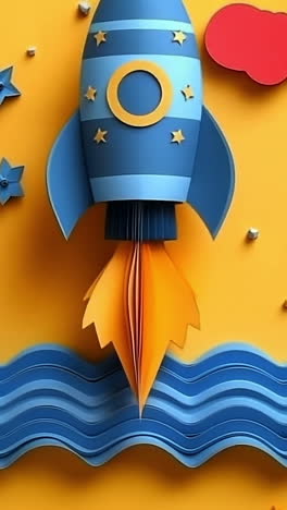 Vivid rockets on bright backdrop. Colorful paper rockets fly in a yellow sky, surrounded by clouds and stars, creating a playful scene.