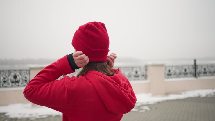 Back view of woman in red hoodie adjusting her red beanie outdoors during winter, urban setting with snow-covered surroundings and decorative railings visible in background under foggy weather