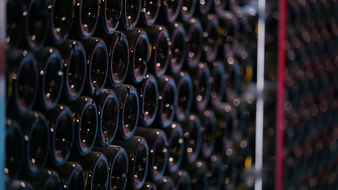Multiple wine bottles on racks at the Chateau de Cremat winery