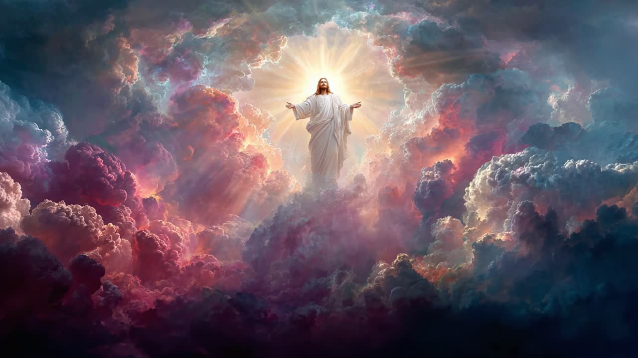 Una figura celestiale irradia luce e speranza tra nuvole drammatiche in una splendida manifestazione di energia divina e presenza spirituale