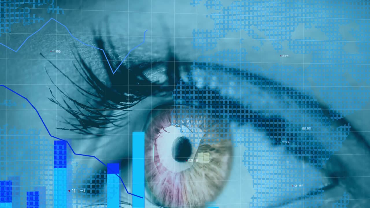 Animation of financial data processing with world map over woman's eye