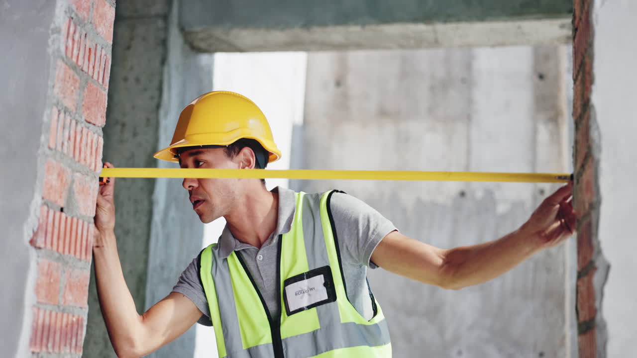trabajador de la construcción midiendo una pared