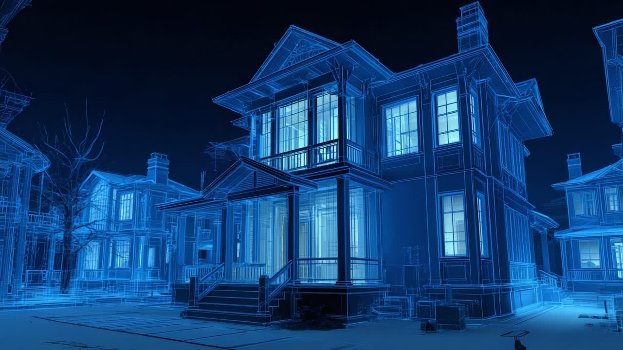 A Stunning Digital Visualization of a Historic Blue-Outlined Mansion with Elegant Architecture, Showcasing Detailed Features and Surroundings in a Night-Time Setting