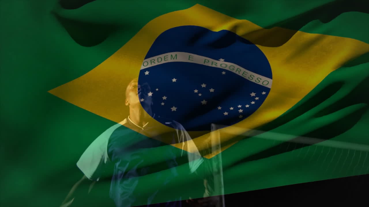 Waving Brazilian flag with person looking upwards, creating animation effect