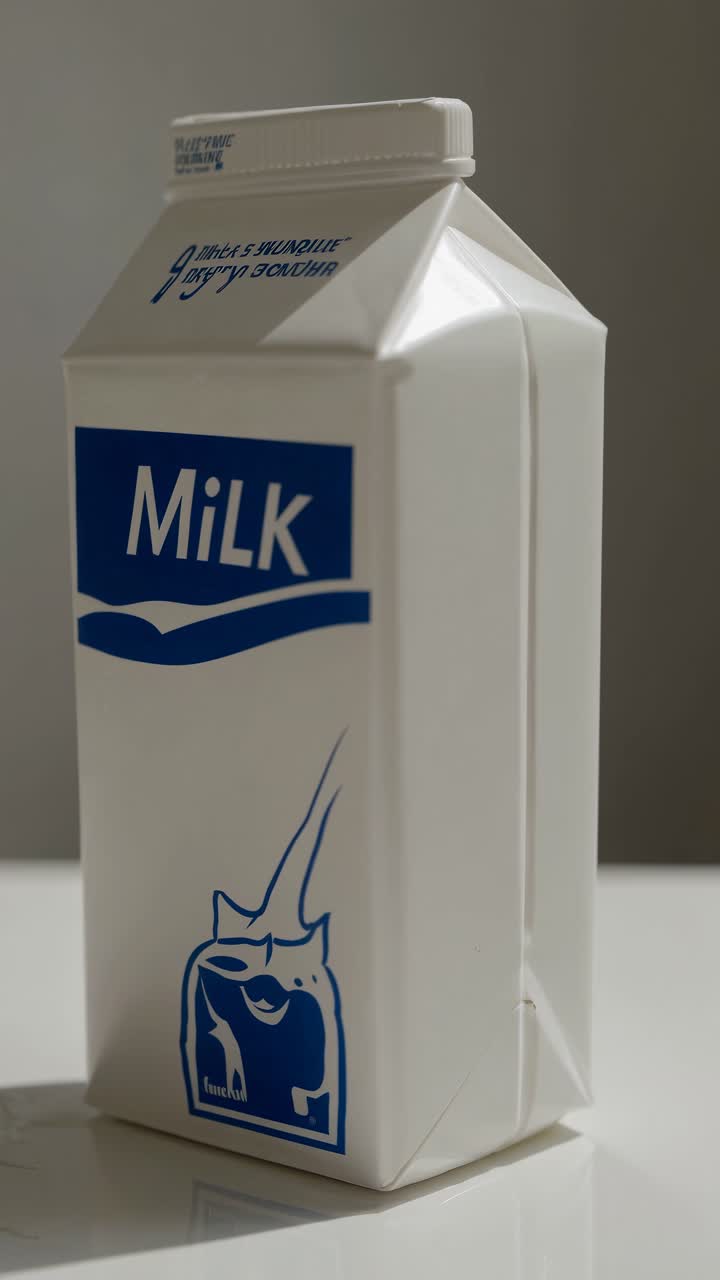 A close-up, slightly angled shot of a milk carton against a neutral background, perfect for a video