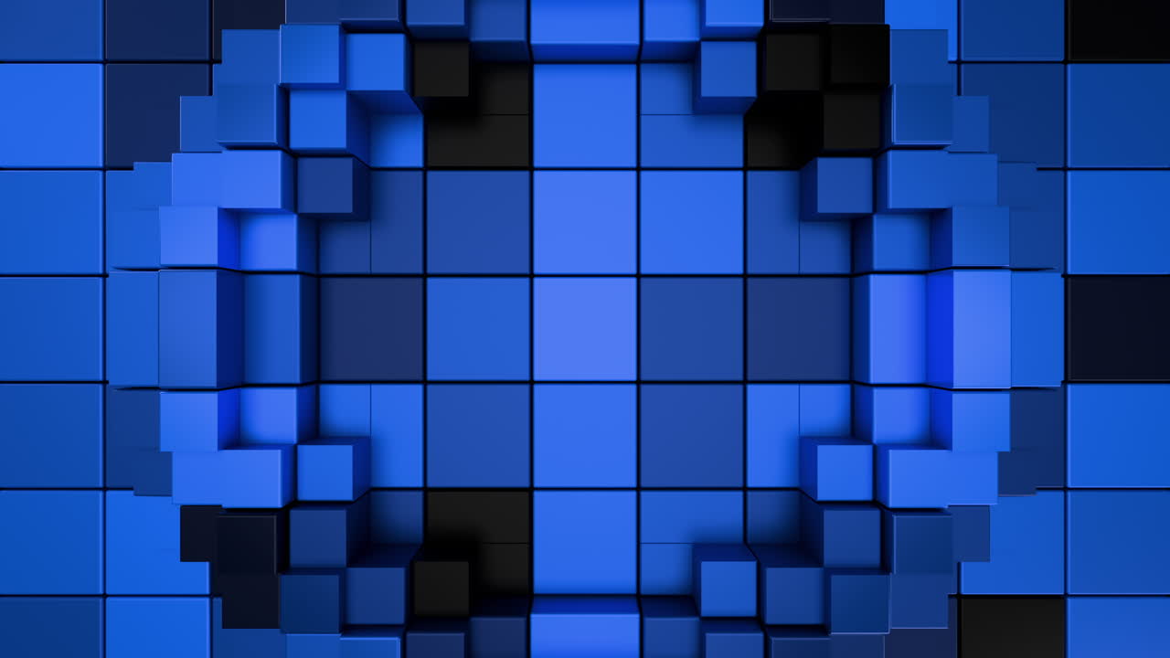 Complex blue 3D voxel grid background with pulsating motion loop. 3D rendering
