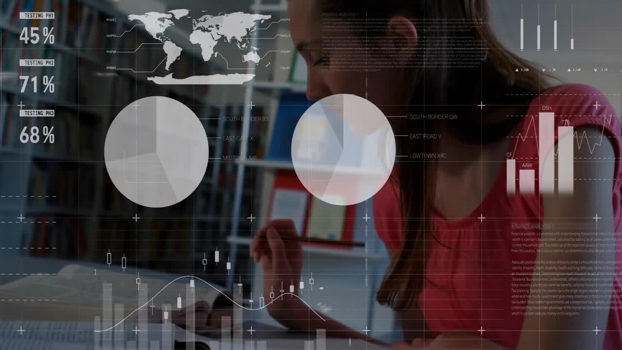 animación del procesamiento de datos financieros sobre estudiante caucásica