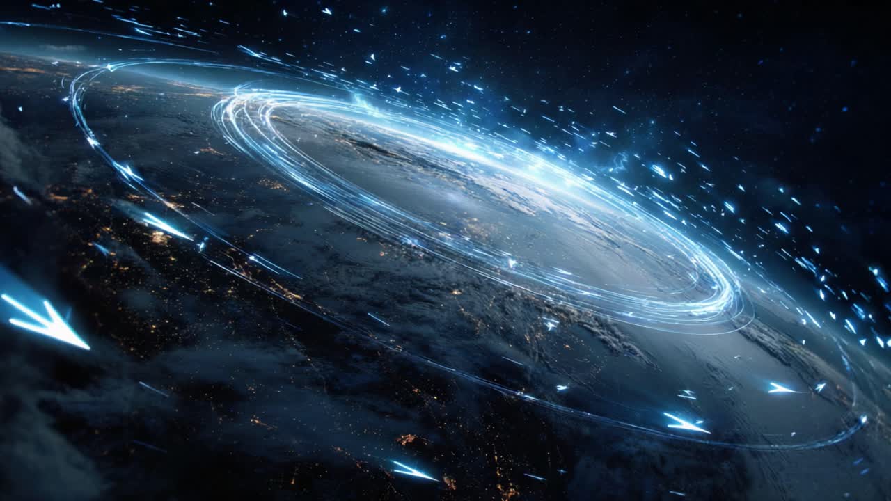 Blue neon data streams with arrows representing global information flow, internet connectivity, and worldwide network communication orbiting the planet Earth as seen from outer space