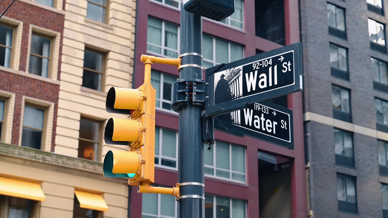 Señal de tráfico que indica Wall Street en Nueva York, EE. UU. Semáforo con luz verde encendida. Rascacielos al fondo.