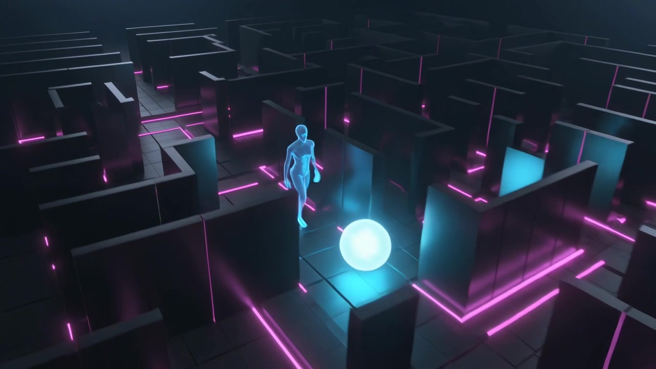 Avatar ciano-blu che avanza spingendo una sfera luminosa, seguendo un globo che rotola attraverso un labirinto delineato in magenta.