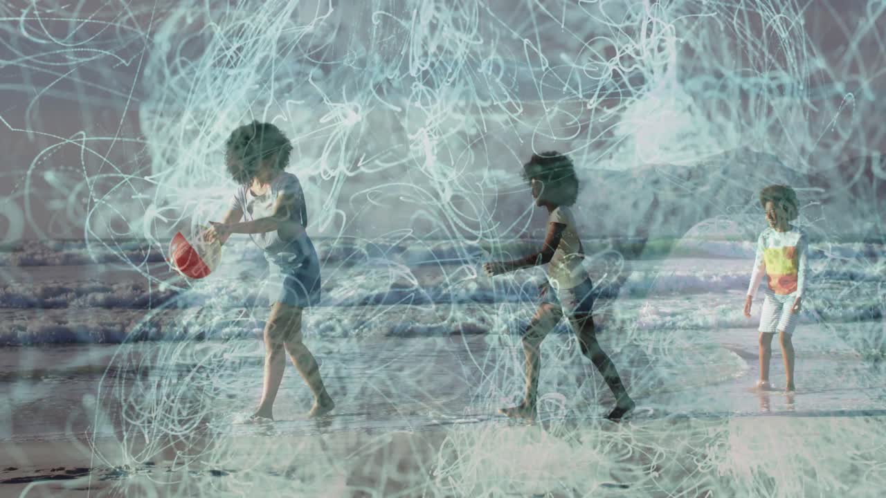 Donna e bambini che camminano sulla riva, bambino che lancia la palla, con uno scarabocchio che si estende sul trio, per pubblicità di famiglia