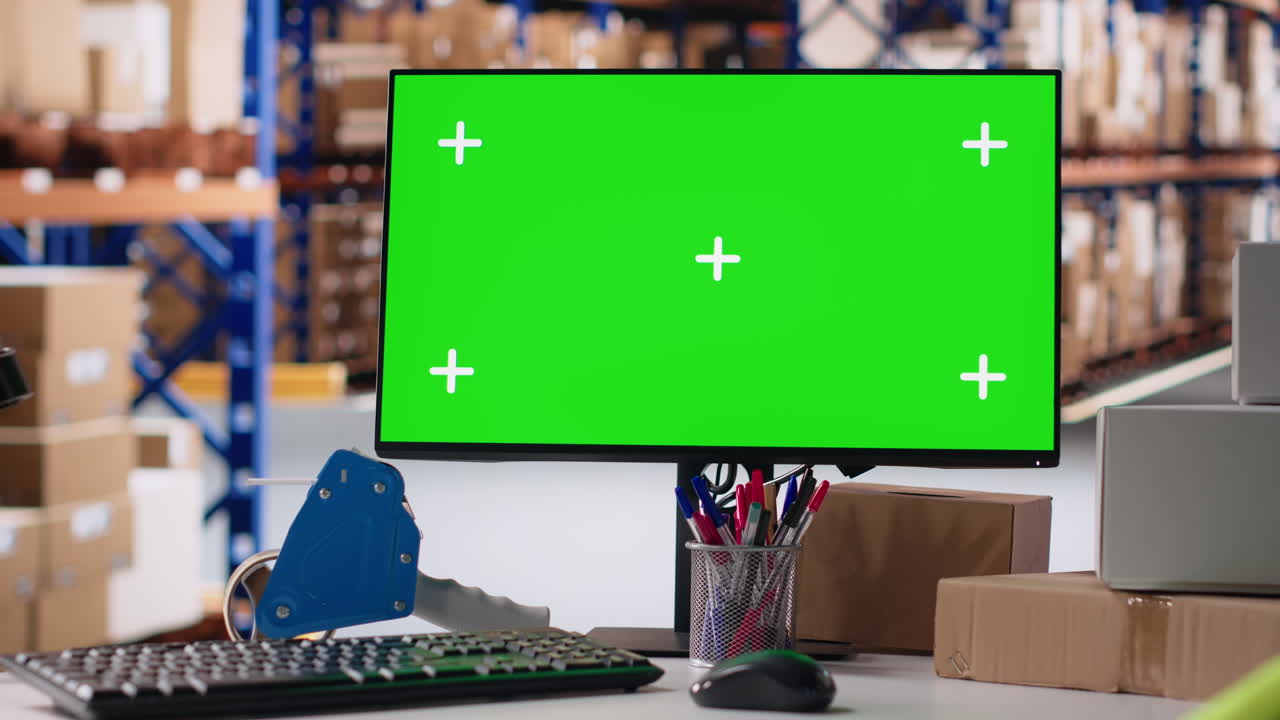 Empty warehouse depot running green screen on computer display