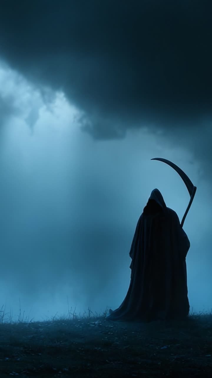 Una figura del Tristo Mietitore si staglia in silhouette contro un cielo oscurato, emanando una presenza eterea con una falce in mano, avvolta in nebbia misteriosa e ombre