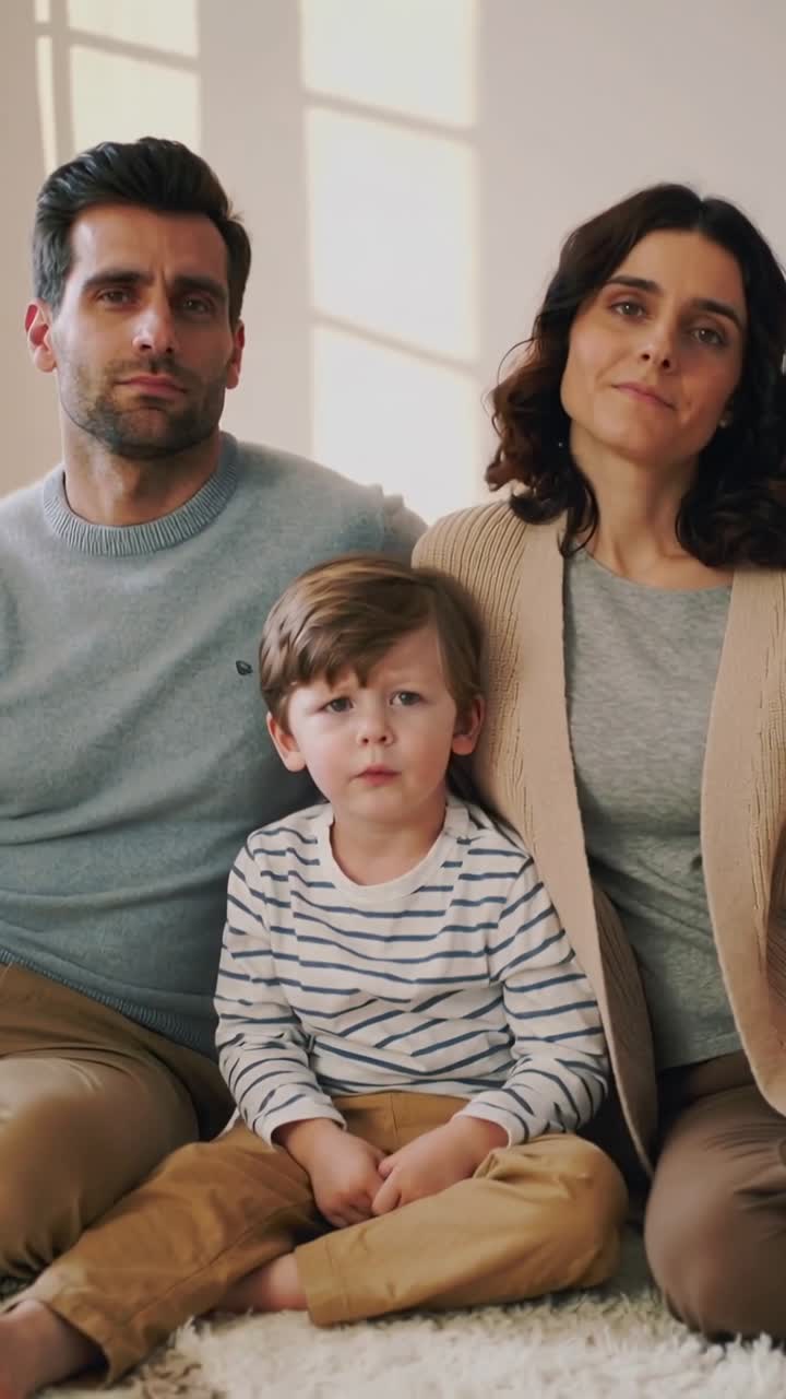 Famiglia di tre persone con espressioni serie sedute insieme