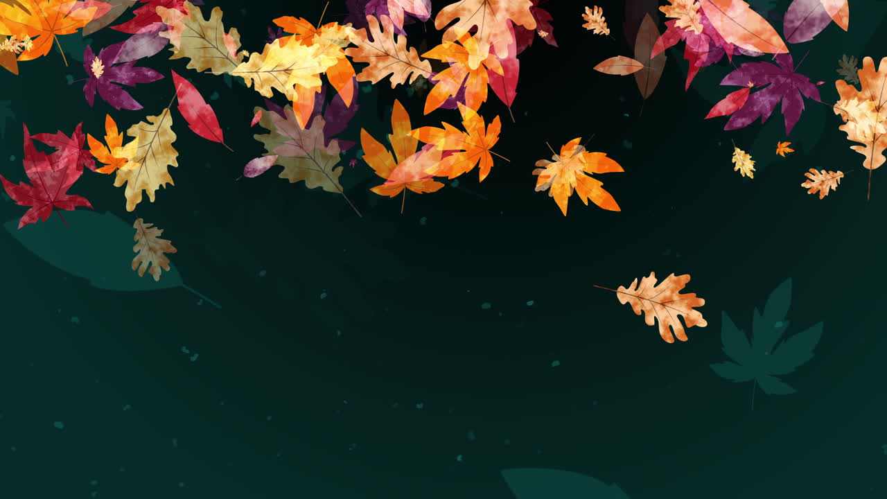 Autumn background with drawn autumn yellow and red leaves spinning and falling down. Green looped abstract background.