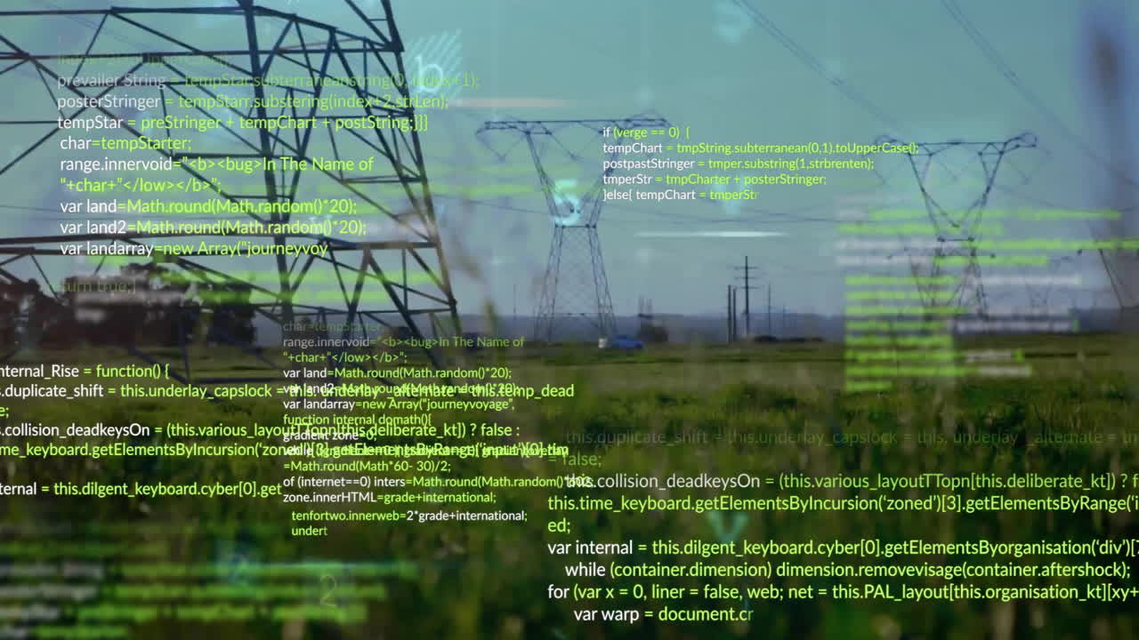 Animazione di elaborazione dati digitale su tralicci elettrici e paesaggio