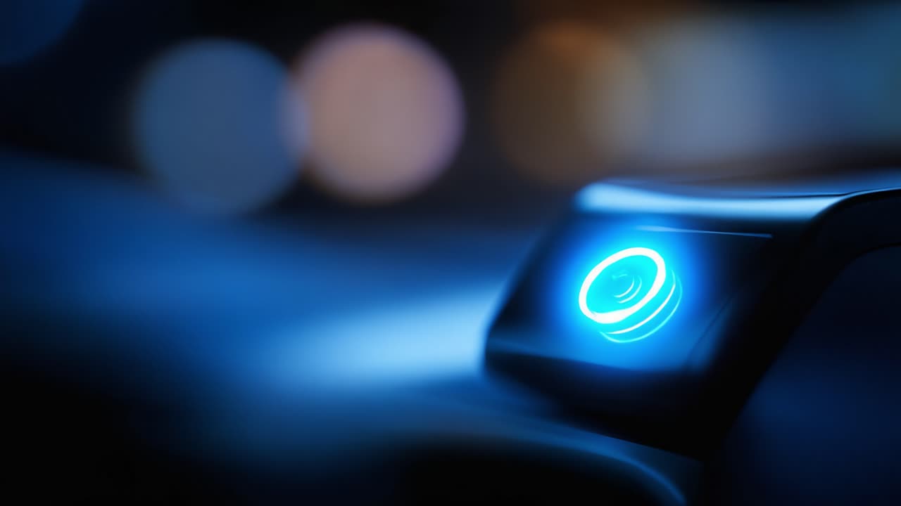 Illuminated Control Panel in Dim Light: A Close-Up View of a Modern Interface with a Blue Glow Showcasing Technology and Design in a Stylish Environment