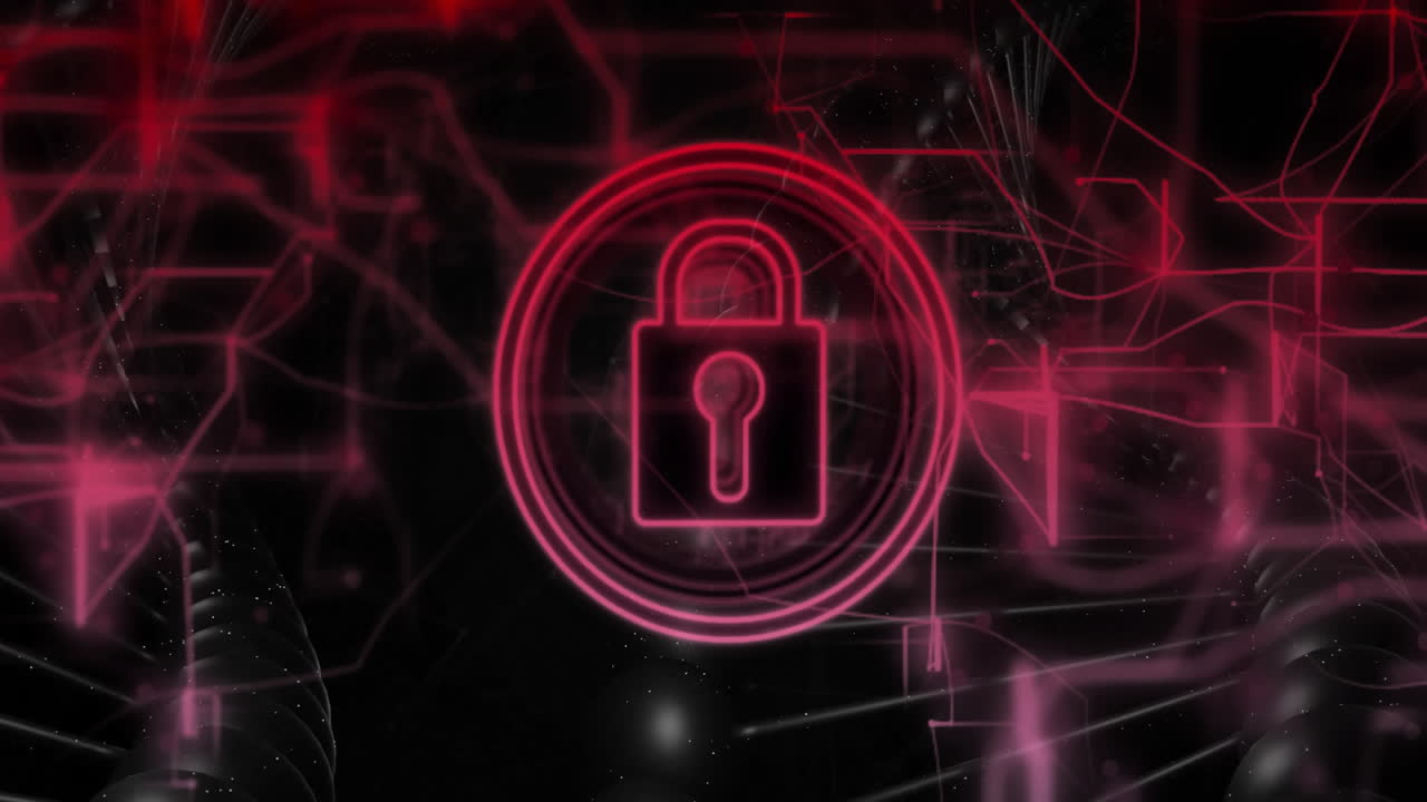 Animation of glowing red padlock over digital network background in school setting