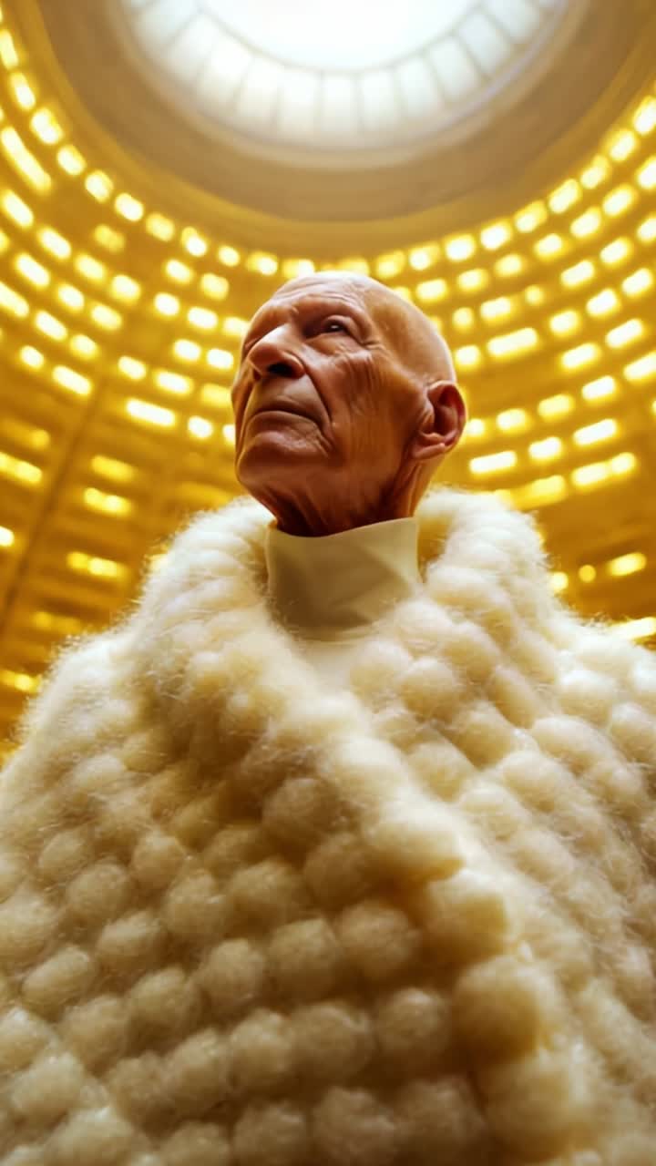 An Elderly Figure in a Luxurious Woolen Cloak Stands Majestically Under a Radiant Gold Ceiling, Exuding Wisdom and Serenity Amidst an Opulent Atmosphere