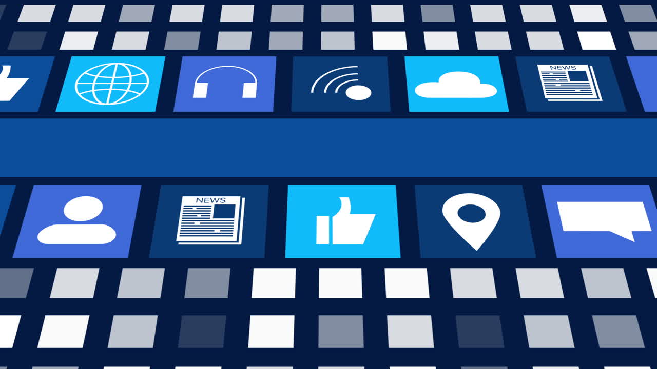 animación de iconos digitales en línea y rayas azules que se mueven sobre un fondo azul oscuro