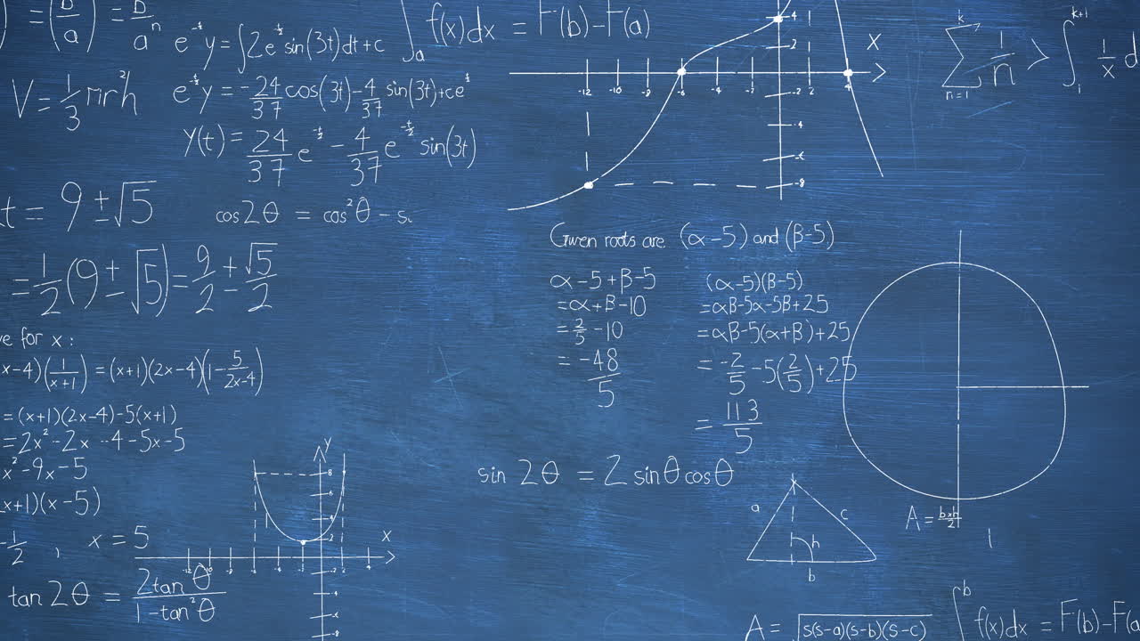 Animation of mathematical equations, formulas and diagrams against blue chalkboard background