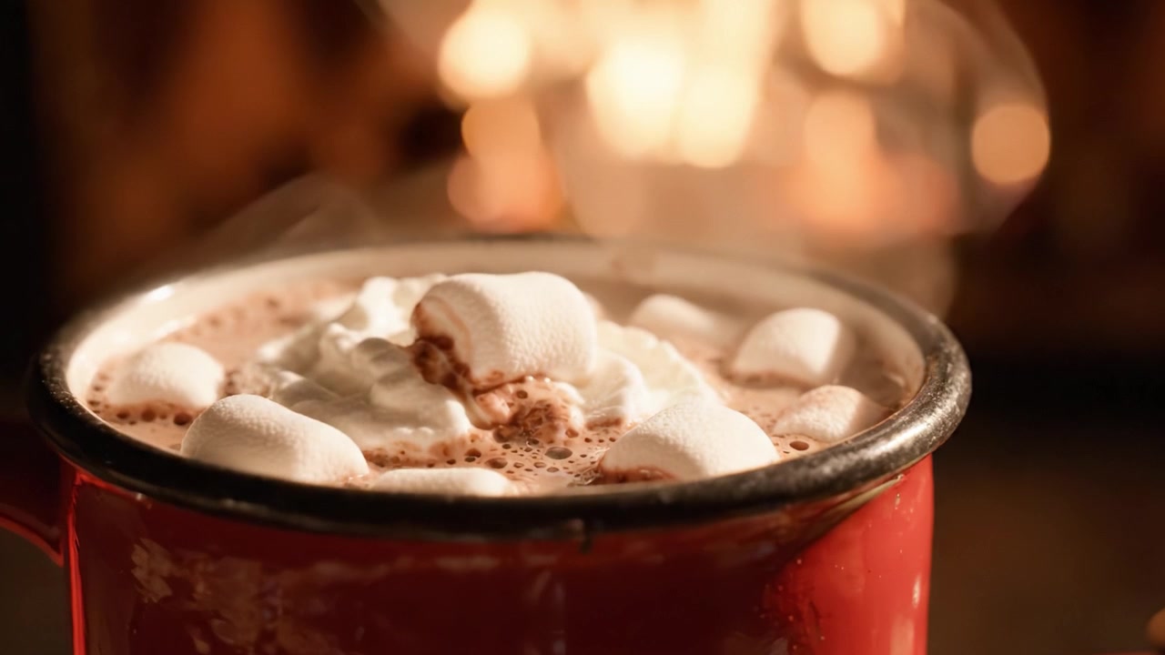 Una tazza calda e golosa di cioccolata calda guarnita con soffici marshmallow, che emette vapore, perfetta per serate accoglienti accanto al camino.