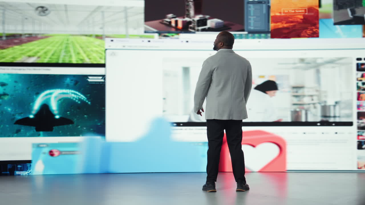 Vertical video Man surrounded by streaming videos on digital videowall