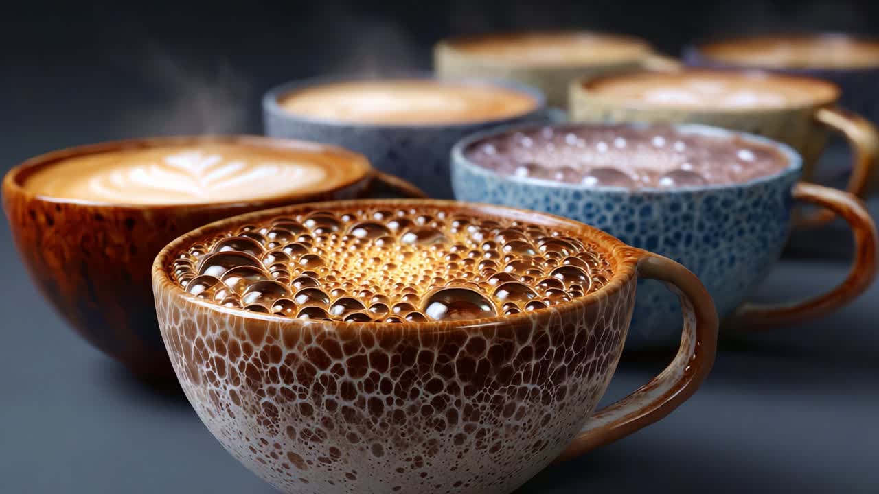 A Close-Up View of Multiple Colorful Coffee Cups with Rich Foamy Toppings and Bubbles, Capturing the Essence of Warmth and Comfort in a Cozy Beverage Display