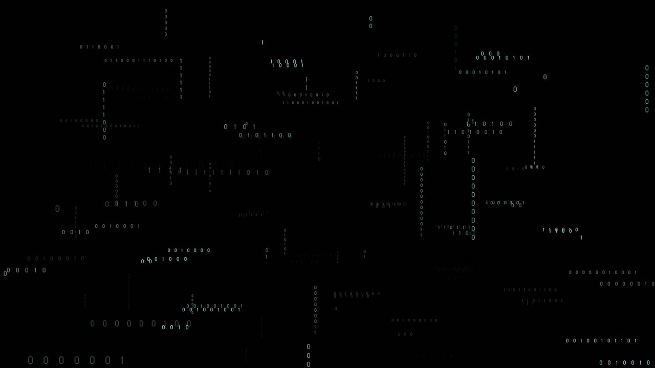 Animation of binary coding and data processing on black background