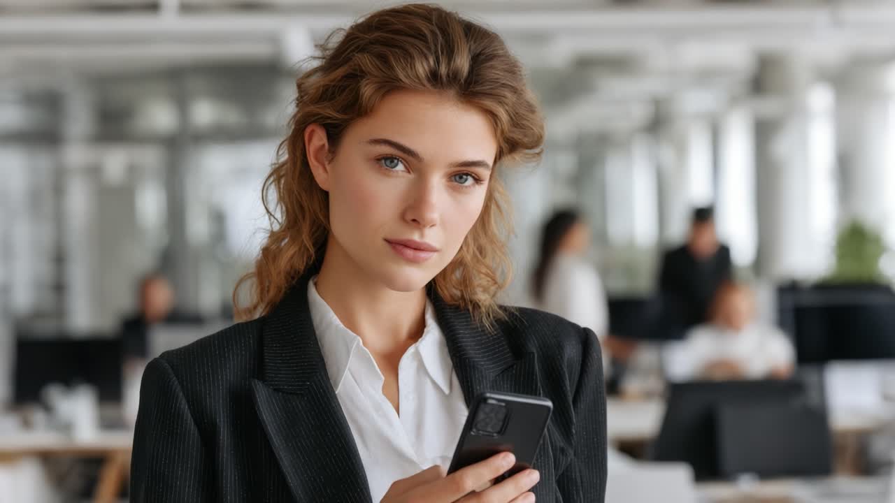 Confident Young Woman in Business Attire Engaged with Smartphone in Modern Office Environment, Showcasing Professionalism and Connectivity