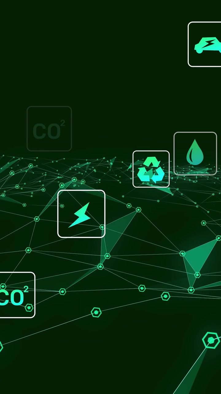 Vertical video: Neon mesh showing eco icons emerging as view shifting forward, pulsing showing data