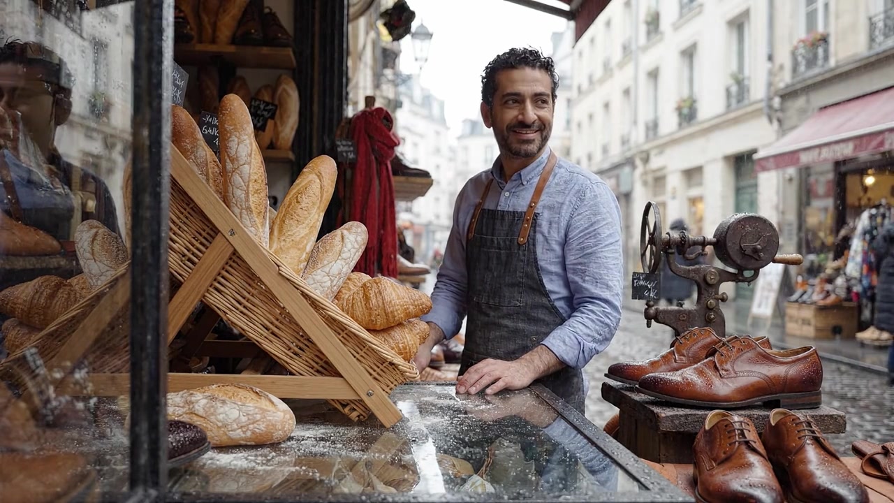 Incantevole Scena di Panetteria con Pani Freschi e Scarpe Artigianali Catturata in una Giornata di Pioggia nel Cuore di un Pittoresco Mercato di Strada Europeo Che Espone Prelibatezze Locali