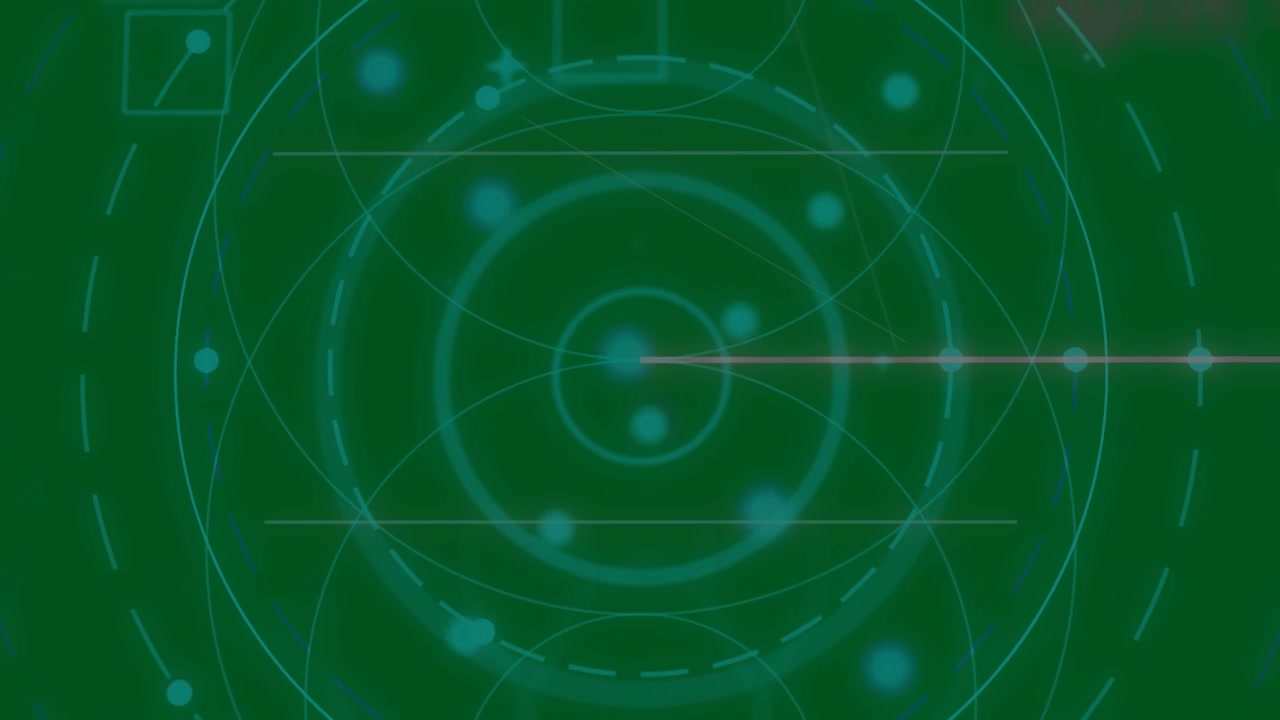 HUD color verde acqua che si avvia con un raggio di scansione, ruota, si distorce e si ricostruisce per un reticolo chiaro, su sfondo trasparente