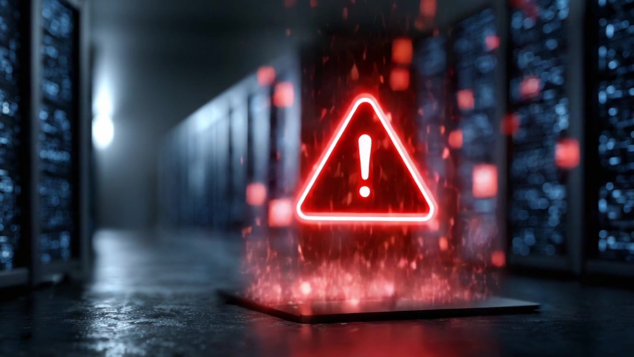 A striking visual warning symbol emerges in a dark server room, surrounded by glowing particles, signifying a potential issue in critical technological environments.
