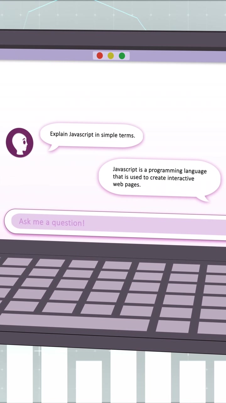 Animation of ai data processing, chat, statistics and icons over laptop screen