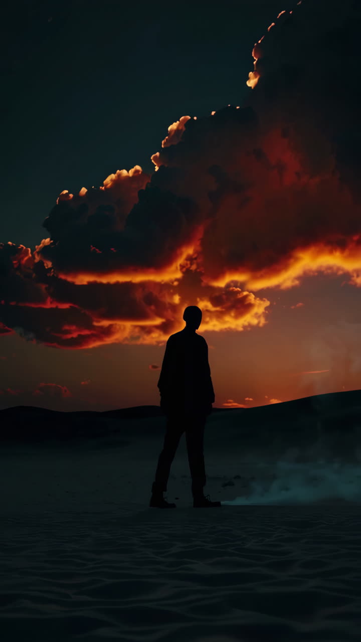 Silhouette of a Man Walking in the Desert at Sunset