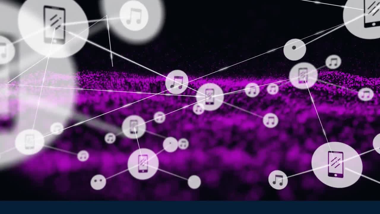 빛나는 메쉬 위에 아이콘을 가진 연결 네트워크의 애니메이션