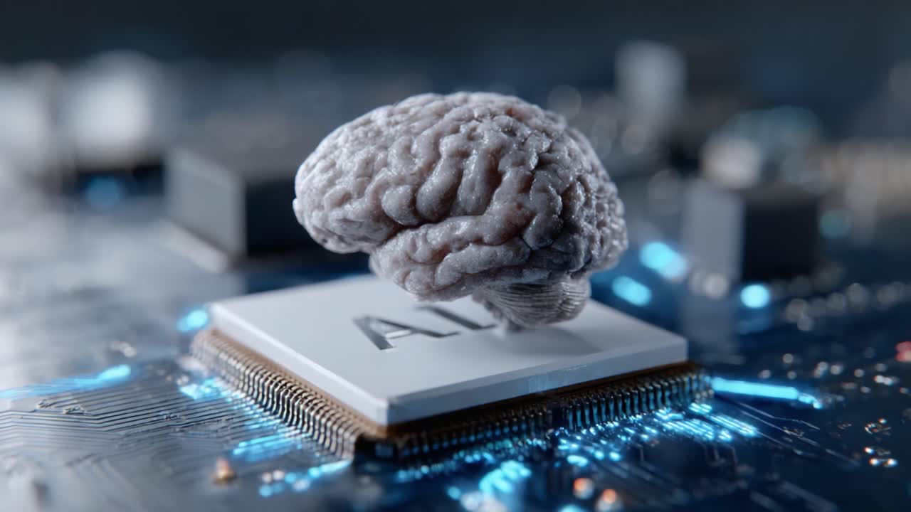 An Intriguing Representation of Artificial Intelligence: A Hyper-realistic Brain Model Positioned on a Microchip, Symbolizing the Fusion of Human Cognition and Technology