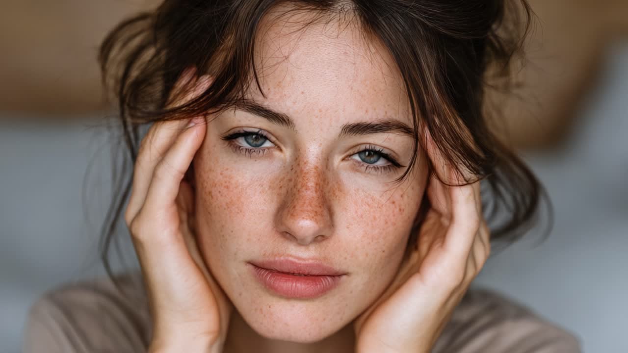 A close-up portrait of a young woman with captivating blue eyes and freckles, showcasing natural beauty and a serene expression in soft lighting
