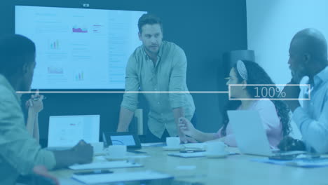 animation of financial data processing over diverse business people having metting at office